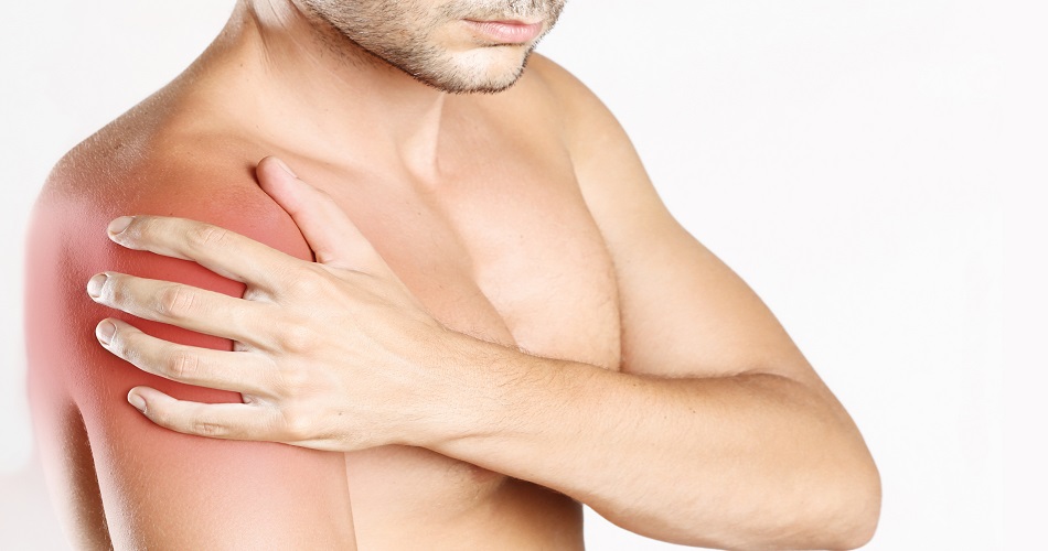 Распространение боли в плечевом суставе, показано красным